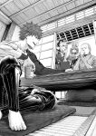  2boys 2girls animal_on_head architecture barefoot breasts cleavage cup drinking east_asian_architecture emiya_shirou fate/grand_order fate_(series) food fou_(fate) fujimaru_ritsuka_(female) fujimaru_ritsuka_(female)_(polar_chaldea_uniform) greyscale highres miyamoto_musashi_(fate) monochrome mugetsu2501 multiple_boys multiple_girls on_head seiza senbei senji_muramasa_(fate) sitting table yagyuu_munenori_(fate) yunomi 