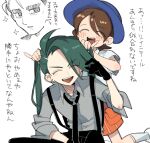  1boy 2girls :d black_necktie black_pants blue_headwear blush brown_hair bunching_hair closed_eyes collared_shirt daidaiika earrings green_hair grey_shirt hat jewelry juliana_(pokemon) larry_(pokemon) long_hair multiple_girls necktie open_mouth orange_shorts pants partially_colored pokemon pokemon_sv rika_(pokemon) shirt shoes short_sleeves shorts smile socks suspenders teeth upper_teeth_only white_socks 