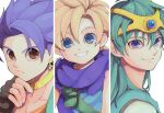  29qmatatavi 3boys blonde_hair blue_eyes blue_gemstone blue_hair blue_tunic brown_eyes cape child cloak collarbone commentary_request dragon_quest dragon_quest_iv dragon_quest_v dragon_quest_vi earrings gem green_hair green_tunic headset hero&#039;s_son_(dq5) hero_(dq4) hero_(dq6) jewelry long_hair looking_at_viewer low_ponytail male_focus medium_hair multiple_boys neck_ring parted_lips purple_cape purple_cloak smile spiked_hair upper_body 