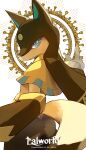  arm_at_side blue_eyes closed_mouth detached_sleeves egyptian_clothes english_text hand_up highres looking_back midriff motoiwork no_humans palworld snout solo tail 