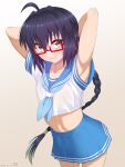  1other absurdres ahoge androgynous armpits arms_up black_hair blue_sailor_collar blue_skirt blush braid braided_ponytail brown_eyes crop_top fate/samurai_remnant fate_(series) glasses guriguri_(arayotto4351) highres long_hair looking_at_viewer midriff miniskirt navel neckerchief open_mouth pleated_skirt red-framed_eyewear sailor_collar shirt short_sleeves sidelocks skirt solo white_shirt yamato_takeru_(fate) 