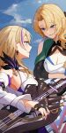  2girls aquilar bare_shoulders blonde_hair blue_background breasts cleavage closed_mouth cocolia_rand detached_sleeves earrings electric_guitar guitar highres holding holding_instrument honkai:_star_rail honkai_(series) implied_yuri instrument jewelry large_breasts long_hair looking_at_another multicolored_hair multiple_girls purple_eyes serval_landau smile streaked_hair white_sleeves 