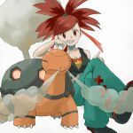  1girl bare_arms breasts cleavage closed_eyes flannery_(pokemon) grin holding holding_poke_ball looking_at_viewer poke_ball poke_ball_(basic) pokemon pokemon_(creature) pokemon_oras pokira_(fjhanauta) red_eyes red_hair shirt sitting smile steam tied_shirt torkoal 