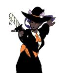  1girl animal_ears cat_ears dancer dark_skin hat holding holding_weapon katana lipstick looking_at_viewer makeup orange_eyes original ponytail purple_hair simple_background smile smirk solo suit sunflowerpot sword weapon white_background witch_hat 