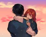  1boy 1girl ^_^ affectionate akatsuki_no_yona back bad_id bad_twitter_id black_hair blush closed_eyes commentary_request earrings hair_between_eyes hak_(akatsuki_no_yona) hug jewelry korean_commentary long_sleeves medium_hair red_hair short_hair sky smile yona_(akatsuki_no_yona) yona_hyeon 