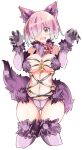  1girl animal_ears blush breasts claw_pose enpe fake_animal_ears fake_tail fang fate/grand_order fate_(series) fingernails hair_over_one_eye highres large_breasts long_fingernails mash_kyrielight mash_kyrielight_(dangerous_beast) navel o-ring panties purple_eyes purple_hair purple_panties revealing_clothes short_hair solo tail underwear 