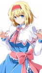  1girl alice_margatroid blonde_hair blue_dress blue_eyes capelet dress expressionless frilled_hairband frills hairband highres jewelry lolita_hairband puppet_rings red_hairband ring rise_(rise19851203) short_hair simple_background solo touhou white_background white_capelet 