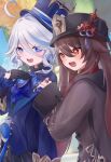  2girls :d absurdres ahoge ascot black_gloves black_headwear black_shirt blue_ascot blue_eyes blue_headwear blue_jacket brooch brown_hair commentary_request engasaki_sakura furina_(genshin_impact) genshin_impact gloves hat highres hu_tao_(genshin_impact) jacket jewelry long_sleeves multiple_girls open_mouth red_eyes shirt short_hair smile top_hat upper_body white_hair wide_sleeves 