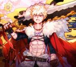  1boy 2nd_popularity_poll_(boku_no_hero_academia) abs abstract_background alternate_universe arm_at_side bakugou_katsuki bare_pectorals black_gloves blonde_hair bloodshot_eyes blue_jacket blurry boku_no_hero_academia cape carrying_over_shoulder chinese_commentary chromatic_aberration commentary_request cropped_jacket cross-laced_clothes cross-laced_top depth_of_field earrings film_grain fingerless_gloves fingernails floating_cape flower_(symbol) fur-trimmed_cape fur-trimmed_waist_cape fur_trim furrowed_brow gloves greatsword hand_on_hilt hand_up highres huge_weapon jacket jewelry kikumon looking_at_viewer magatama magatama_earrings magatama_necklace male_focus multiple_necklaces multiple_scars navel necklace no_shirt official_alternate_costume over_shoulder pattern_request pectorals pendant prussia_echo red_cape red_eyes sanpaku scar scar_on_arm scar_on_hip scowl scratches seigaiha shadow short_hair sleeves_past_elbows solo spiked_hair straight-on sword sword_over_shoulder toned toned_male tooth_necklace torn_cape torn_clothes upper_body v-shaped_eyebrows waist_cape weapon weapon_over_shoulder 
