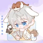  1boy animal_ears animal_on_head artist_name blue_eyes blush card cat cat_on_head chibi collared_shirt grey_hair hair_between_eyes holding holding_card kemonomimi_mode long_sleeves lop_rabbit_ears love_and_deepspace male_focus on_head outline purple_background rabbit rabbit_boy rabbit_ears rabbit_tail shirt short_hair signature simple_background solo sweater_vest tail thinking tuxedo_cat two-tone_background upper_body white_background white_outline white_shirt wing_collar xavier_(love_and_deepspace) yellow_outline yellow_sweater_vest zs_hetao 