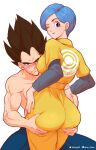  1boy 1girl allen_skies annoyed ass ass_grab bare_shoulders black_eyes black_hair blue_eyes blue_hair blush breast_press breasts bulma deep_skin dragon_ball dragon_ball_super earrings face_to_breasts grabbing hand_on_own_hip highres huge_ass jewelry jumpsuit light_smile lips lipstick looking_at_viewer looking_back makeup medium_breasts muscular muscular_male nail_polish one_eye_closed patreon_username shiny_skin short_hair simple_background twitter_username vegeta white_background yellow_jumpsuit 
