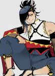  1boy bare_shoulders black_hair closed_mouth detached_sleeves esu_(b_r9) fire_emblem fire_emblem_engage hair_ornament japanese_clothes kagetsu_(fire_emblem) light_smile looking_at_viewer male_focus medium_hair pants sandals sitting solo yellow_eyes 