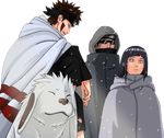  1girl aburame_shino akamaru_(naruto) brown_hair dog facial_mark forehead_protector hyuuga_hinata inuzuka_kiba naruto purple_eyes sandals simple_background smile snow sunglasses white_background 