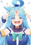  1girl absurdres aqua_(konosuba) arms_up blue_eyes blue_hair blue_shirt blush bow breasts commentary_request crying crying_with_eyes_open detached_sleeves drooling green_bow head_bump highres kono_subarashii_sekai_ni_shukufuku_wo! lisu long_hair long_sleeves medium_breasts mouth_drool notice_lines open_mouth parted_bangs pointing pointing_at_self shirt simple_background sleeveless sleeveless_shirt sleeves_past_wrists solo tears upper_body white_background white_sleeves 
