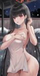  1girl absurdres armpits ass black_hair blue_archive blush breasts cleavage collarbone cowboy_shot fingernails halo highres jinsoulsan large_breasts long_hair looking_at_viewer naked_towel onsen open_mouth red_eyes rio_(blue_archive) solo towel wet white_towel 