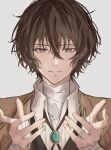  1boy bandaged_arm bandaged_neck bandages brown_eyes brown_hair brown_jacket bungou_stray_dogs closed_mouth collared_shirt dazai_osamu_(bungou_stray_dogs) gorigorinogori highres jacket shirt short_hair simple_background solo upper_body 
