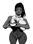  1girl blush breast_press breasts dark_skin greyscale heart heart-shaped_boob_challenge heart_hands hime_cut huge_breasts lips monochrome original simple_background sunflowerpot surprised white_background wide_hips 