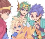  29qmatatavi 4boys belt blonde_hair blue_cape blue_cloak blue_eyes blue_gemstone blue_hair blue_tunic brown_eyes cape child circlet cloak collarbone dragon dragon_quest dragon_quest_iii dragon_quest_iv dragon_quest_v dragon_quest_vi earrings fingerless_gloves gem gloves green_hair green_tunic headset hero&#039;s_son_(dq5) hero_(dq3) hero_(dq4) hero_(dq6) jewelry long_sleeves looking_at_another male_focus medium_hair monster multiple_boys neck_ring open_mouth parted_lips red_cape roto_(dq3) shirt short_hair small_fry_(dragon_quest) smile spiked_hair teeth upper_body upper_teeth_only white_background white_shirt 