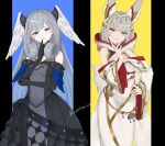  2girls animal_ears black_dress black_gloves cat_ears dress ear_covers finger_to_mouth gloves grey_hair hand_on_own_chin hand_on_own_hip head_tilt head_wings highres hood hood_down long_hair looking_at_viewer melia_antiqua multiple_girls nia_(xenoblade) parted_lips short_hair smile smug umotomochi very_long_ears very_long_hair wide_sleeves wings xenoblade_chronicles_(series) xenoblade_chronicles_3 