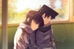  1boy 1girl absurdres black_hair blue_scarf brown_coat coat couple grey_coat grey_scarf head_on_another&#039;s_shoulder hetero highres j_humbo komi-san_wa_komyushou_desu komi_shouko leaning_on_person purple_scarf scarf sitting sleeping sleeping_on_person sleeping_upright tadano_hitohito train_interior two-tone_scarf window winter_clothes winter_coat 