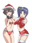  2girls ;d asymmetrical_docking bare_shoulders bell bikini black_gloves blue_hair bow bowtie breast_press breasts brown_eyes brown_hair choker christmas cleavage closed_mouth collarbone commentary_request detached_collar elbow_gloves fingerless_gloves front-tie_bikini_top front-tie_top fur-trimmed_gloves fur-trimmed_skirt fur_trim gloves hair_ornament hal-py hat high_school_fleet highleg highres holding holding_sack irako_mikan kneeling looking_at_viewer medium_breasts miniskirt multiple_girls navel official_alternate_costume one_eye_closed open_mouth purple_eyes red_bikini red_bow red_bowtie red_gloves red_headwear red_skirt ribbon sack santa_bikini santa_costume santa_hat short_hair side-tie_bikini_bottom side_ponytail simple_background skirt small_breasts smile star_(symbol) star_hair_ornament swimsuit thighhighs wazumi_hime white_background 