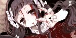  1girl bags_under_eyes black_hair black_nails bleeding blood blood_from_mouth blood_on_face blood_on_hands blood_splatter choker dying empty_eyes frilled_choker frills hairband hardgore_alice lolita_hairband long_hair looking_at_viewer lying magical_girl mahou_shoujo_ikusei_keikaku mahou_shoujo_ikusei_keikaku_unmarked nail_polish on_stomach open_mouth pale_skin reaching reaching_towards_viewer shimaneko_(matarou99) solo upper_body 