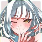  1girl ;) amazora_cakel blanc_(nikke) blush close-up detached_collar fang fingernails goddess_of_victory:_nikke heart highres long_fingernails nail_polish one_eye_closed smile white_hair yellow_eyes 