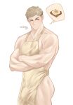  1boy absurdres apron bara blonde_hair covered_penis cowboy_shot crossed_arms dungeon_meshi facial_hair highres hyorasei laios_thorden large_pectorals looking_at_viewer male_focus medium_sideburns muscular muscular_male naked_apron pectoral_cleavage pectorals seductive_smile short_hair sideburns_stubble simple_background smile solo spoken_object stubble thick_eyebrows yellow_apron 