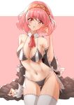  1girl alternate_costume bikini black_bikini breasts cleavage commentary deekei fire_emblem fire_emblem_engage hair_ribbon hairband highres lapis_(fire_emblem) large_breasts looking_at_viewer maid maid_bikini medium_hair midriff navel necktie open_mouth pink_eyes pink_hair ribbon simple_background solo swimsuit thighhighs unconventional_maid white_ribbon 