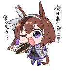  animal_ears bow brown_hair chibi do_deuce_(racehorse) food hair_between_eyes highres holding horse horse_ears horse_girl horse_tail japanese_flag multicolored_hair one_eye_closed original sailor_collar sailor_shirt shirt short_hair skirt streaked_hair tail translation_request two-tone_hair umamusume yokoji_(kodai2015) 