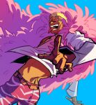  1boy blonde_hair blue_background coat donquixote_doflamingo farisaki feather_coat from_behind highres looking_at_viewer looking_back male_focus muscular muscular_male one_piece open_clothes open_mouth pink_coat pointing pointing_at_viewer shirt short_hair sketch sunglasses teeth tongue tongue_out white_shirt 