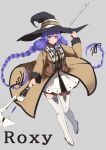  1girl absurdres black_ribbon blue_eyes blue_hair boots braid brown_coat capelet character_name coat crystal dot_mouth flat_chest full_body grey_background hair_ribbon hand_on_headwear hat highres holding holding_staff jacket long_bangs long_hair looking_at_viewer mage_staff mushoku_tensei nagame_teru ribbon roxy_migurdia simple_background solo staff thigh_boots twin_braids very_long_hair white_capelet white_footwear white_jacket witch_hat 