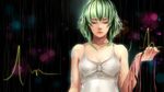  bad_id bad_pixiv_id blurry bokeh breasts cleavage closed_eyes collarbone depth_of_field dress eyelashes green_hair gumi hand_up highres holding jun_jun lips making_of medium_breasts medium_hair nose orb rain realistic red_string ribbon solo string thick_eyebrows upper_body vocaloid wallpaper waveform wet white_dress 