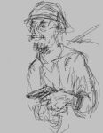 beard clothing embarrased_horny facial_hair gun holding_object holding_weapon human jacket low_res male mammal monochrome ranged_weapon scared side_view solo topwear weapon wearing_hat