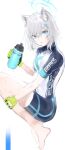  1girl animal_ears barefoot bike_shorts blue_archive blue_eyes bottle breasts cross_hair_ornament gloves green_gloves grey_hair hair_ornament halo highres holding holding_bottle late_02 mismatched_pupils parted_lips shiroko_(blue_archive) shiroko_(cycling)_(blue_archive) shirt short_hair short_sleeves small_breasts solo sweat water_bottle white_background wolf_ears 