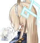  animal_ear_fluff animal_ears armband blonde_hair blue_archive blue_eyes blue_shirt chibi chibi_inset dog_ears doodle_sensei_(blue_archive) extra_ears hair_over_one_eye halo highres jacket kanna_(blue_archive) long_hair necktie open_clothes open_jacket pov sensei_(blue_archive) sharp_teeth shirt staring sweatdrop teeth tie_clip uhuhu 