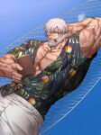  1boy bara beard black_shirt book cigar cross_scar dobek_k facial_hair glasses grey_hair hawaiian_shirt highres holding holding_book large_pectorals leonidas_(shuumatsu_no_valkyrie) male_focus mature_male muscular muscular_male open_book pectorals reading scar scar_on_arm scar_on_chest scar_on_face scar_on_nose shirt short_hair shorts shuumatsu_no_valkyrie solo white_shorts 