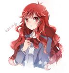  :t blazer bow bowtie captain_yue character_name gekkan_shoujo_nozaki-kun genderswap genderswap_(mtf) jacket mikoshiba_mikoto pout red_eyes red_hair ribbon school_uniform solo tears translated v-shaped_eyebrows venus_symbol white_background 