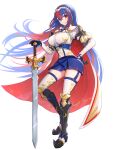  1girl absurdres alear_(female)_(fire_emblem) alear_(fire_emblem) armor blue_eyes blue_hair breasts cape crossed_bangs fire_emblem fire_emblem_engage garter_straps gonzarez hand_on_own_hip heterochromia highres large_breasts long_hair miniskirt multicolored_hair planted planted_sword red_eyes red_hair skirt solo sword thighhighs tiara two-tone_hair very_long_hair weapon white_background zettai_ryouiki 
