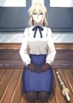  1girl artoria_pendragon_(fate) black_pantyhose blonde_hair blue_eyes blue_skirt bokken breasts brown_gloves cosplay fate/stay_night fate_(series) gloves hair_between_eyes hair_intakes hair_ribbon highres indoors long_sleeves looking_at_viewer medium_breasts medium_skirt omachi_(slabco) pantyhose red_ribbon ribbon saber_(fate) saber_(fate)_(cosplay) seiza shirt sitting skirt solo sword violet_evergarden violet_evergarden_(series) weapon white_shirt wooden_floor wooden_sword 