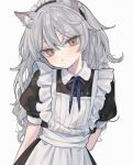  1girl animal_ear_fluff animal_ears apron blue_ribbon blush brown_eyes closed_mouth commentary_request commission facing_viewer frilled_apron frilled_hairband frills grey_hair hair_between_eyes hairband long_hair looking_to_the_side maid maid_apron maid_headdress mimelond neck_ribbon original puffy_short_sleeves puffy_sleeves ribbon short_sleeves sideways_glance simple_background solo upper_body watermark white_apron white_background 