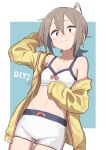  1girl absurdres ahoge arm_up bra breasts brown_eyes brown_hair do_it_yourself!! gazacy_(dai) hand_on_own_stomach highres jacket off_shoulder ponytail short_hair short_shorts shorts small_breasts smile solo underwear white_bra white_shorts yellow_jacket yua_serufu 