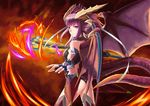  armor ass bare_shoulders blue_gloves bodysuit boots dragon_girl dragon_horns dragon_tail dragon_wings elbow_gloves fingerless_gloves fingernails fire gloves halterneck head_fins heterochromia holding horns hotpepperman long_hair looking_back open_mouth purple_eyes purple_hair purple_wings puzzle_&amp;_dragons scales solo sonia_(p&amp;d) spikes staff tail thigh_boots thighhighs wings yellow_eyes 