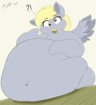 absurd_res astrum_(artist) belly big_belly blush chubby_cheeks derp_eyes derpy_hooves_(mlp) digital_media_(artwork) eating equid equine eyebrows female floppy_ears food friendship_is_magic furniture hasbro hi_res hooves horse huge_belly inner_ear_fluff looking_at_viewer mammal muffin my_little_pony obese obese_female overweight overweight_female pegasus pony raised_eyebrows raised_hoof simple_background solo surprise table tuft wings