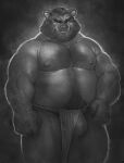 2024 anthro asian_clothing barazoku bulge clothing east_asian_clothing fundoshi hi_res humanoid_hands incarnata japanese_clothing kemono male mammal moobs musclegut nipples overweight overweight_male simple_background solo suid suina sus_(pig) underwear wild_boar