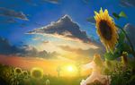  brown_hair cloud dress field flower highres hiraoka_masamune long_hair original scenery sky solo sun sunflower sunrise white_dress 