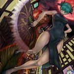  animal_ears billboard blue_eyes blue_hair breasts cameo car cat_ears china_dress chinese_clothes covered_nipples double_bun dress dutch_angle fan felicia full_moon green_eyes green_hair ground_vehicle hand_on_hip head_wings kari_(artist) large_breasts leaning_back moon morrigan_aensland motor_vehicle night phobos_(vampire) red_eyes red_moon shirt solo taut_clothes taut_shirt v vampire_(game) wings 