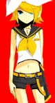  bad_id bad_pixiv_id blonde_hair blue_eyes hair_over_one_eye hair_ribbon kagamine_rin lowres midriff nntn ribbon short_hair shorts simple_background solo vocaloid 