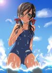  axis_powers_hetalia blush brown_eyes brown_hair cloud day hair_ribbon kokonogi_kisara long_hair ocean one-piece_swimsuit outdoors ribbon seychelles_(hetalia) sky solo sunlight swimsuit tan twintails water wet 