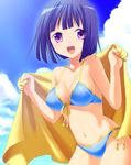  :d bad_id bad_pixiv_id bare_arms bare_shoulders bikini blue_hair breasts cloud day front-tie_bikini front-tie_top medium_breasts miso_(mosamosamosa) navel open_mouth original outdoors purple_eyes short_hair side-tie_bikini sky smile solo swimsuit towel 